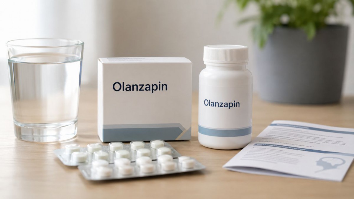 Olanzapin nedir, ne işe yarar, kullanımı ve yan etkileri hakkında ilaç kutusu, tabletler, su bardağı ve prospektüs görseli