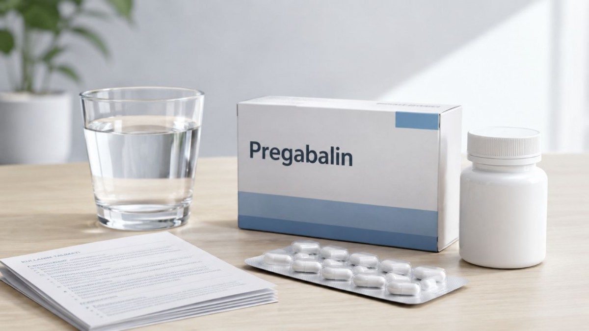 Pregabalin nedir, ne işe yarar, kullanımı ve yan etkileri hakkında ilaç kutusu, kapsüller, su bardağı ve kullanma talimatı görseli