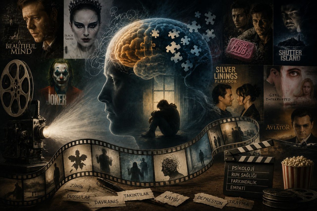Şizofreni, depresyon, bipolar bozukluk ve psikoloji temalı filmleri temsil eden sinema ve ruh sağlığı konsept görseli