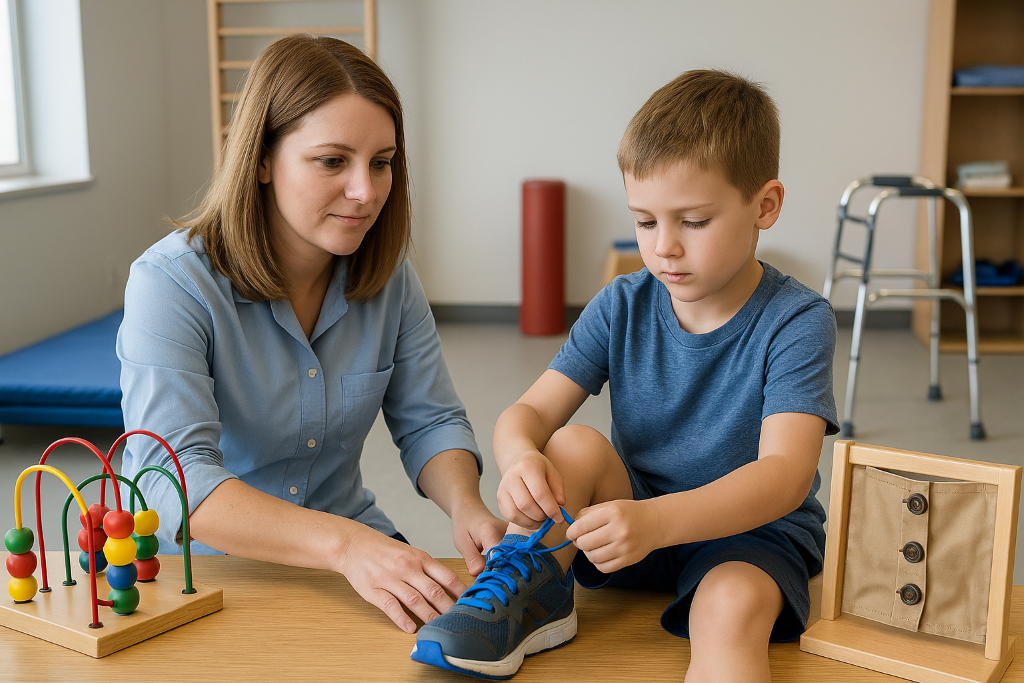 Ergoterapist eşliğinde ayakkabı bağlama becerisi çalışan çocuk