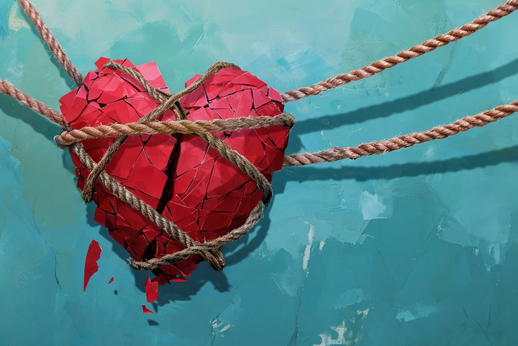 Love bombing sonucunda duygusal baskı ve kırılmayı simgeleyen halatlarla bağlanmış çatlak kırmızı kalp görseli.