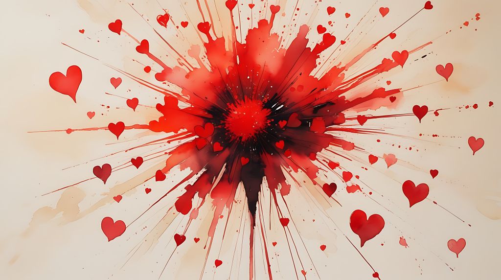 Love bombing sürecindeki aşırı sevgi gösterisinin patlama etkisini simgeleyen kalpli splash görseli.