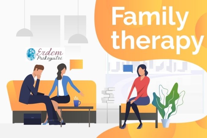 Aile terapisi yapan çift ve terapist var