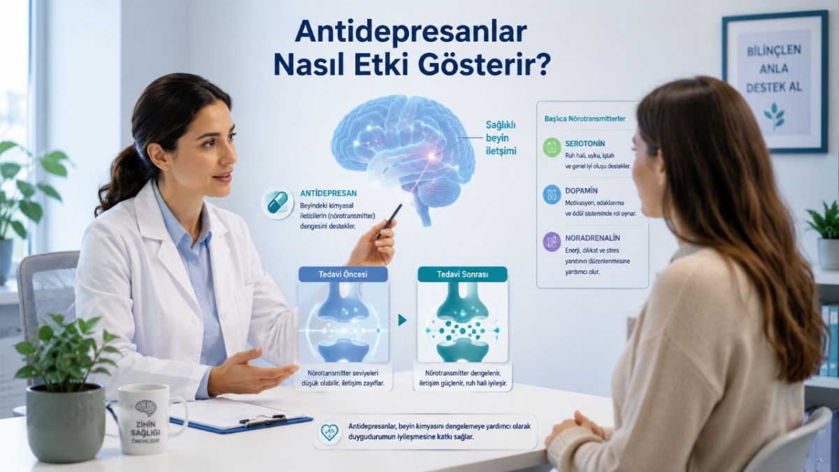 Antidepresanların beyindeki nörotransmitterler üzerinden nasıl etki gösterdiğini anlatan doktor hasta görüşmesi