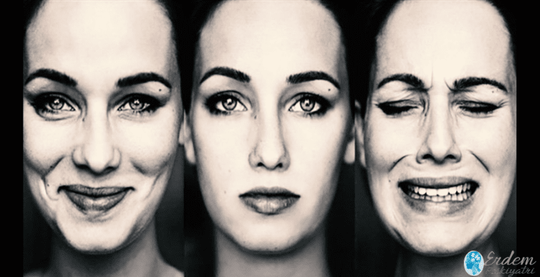 Duygu durum bozukluğu olan üç adet siyah zemin üzerinde kadın yüzü vardır.