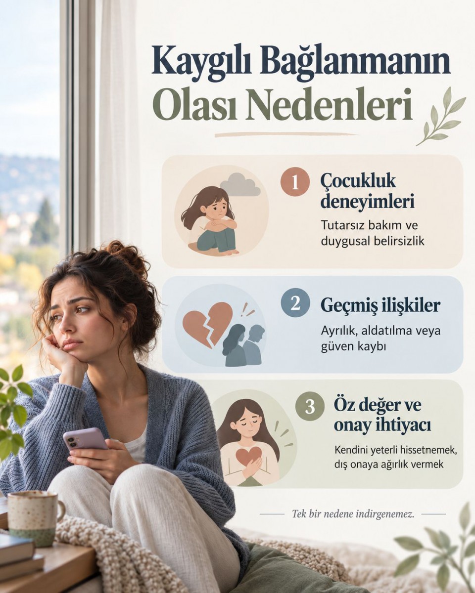 Kaygılı bağlanmanın olası nedenleri olan çocukluk deneyimleri, geçmiş ilişkiler ve öz değer ihtiyacını açıklayan infografik.