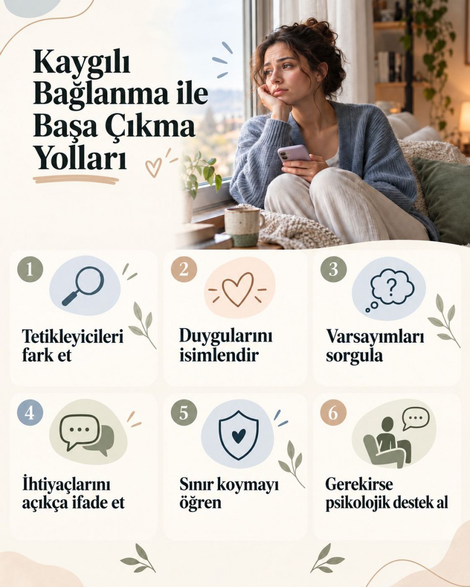 Kaygılı bağlanma ile başa çıkma yollarını; duyguları tanıma, düşünceleri sorgulama, sağlıklı iletişim, sınır koyma ve psikolojik destek başlıklarıyla açıklayan infografik.