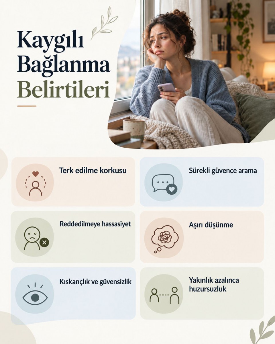 Kaygılı bağlanma belirtileri: terk edilme korkusu, güvence arayışı, reddedilme hassasiyeti, aşırı düşünme ve güvensizliği açıklayan infografik.