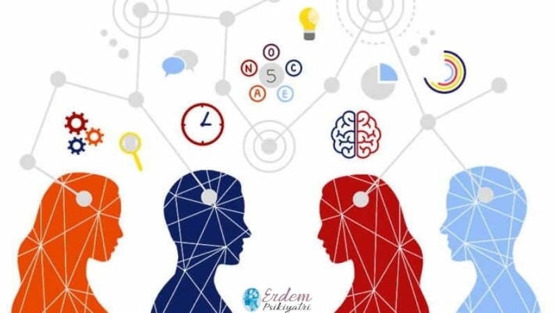 Psikoloji Testleri Hakkında dört tane insan ve çeşitli renklerde silüetleri vardır.