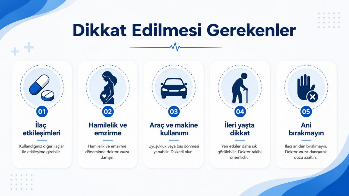 Olanzapin kullanırken ilaç etkileşimleri, hamilelik ve emzirme, araç kullanımı, ileri yaş ve ilacı aniden bırakmama konusunda dikkat edilmesi gerekenleri gösteren infografik