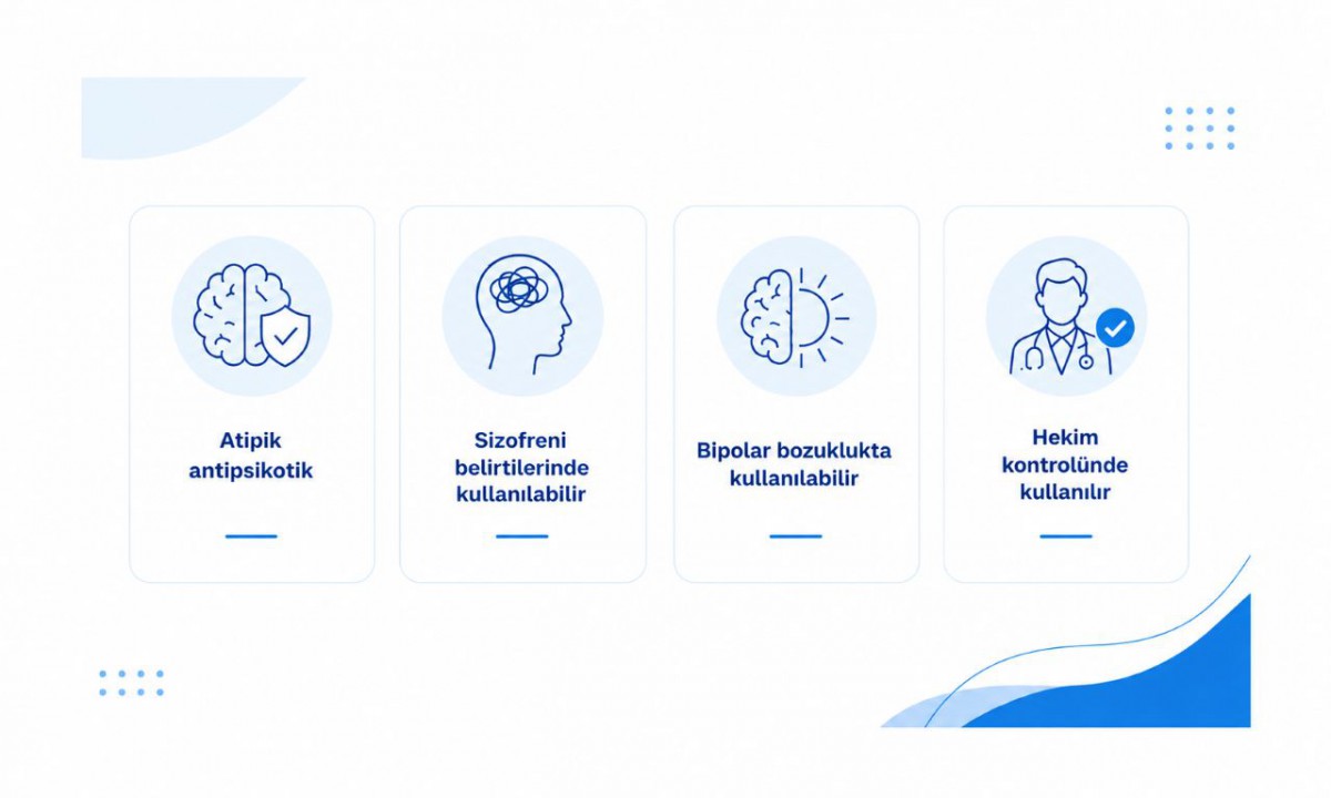 Olanzapinin atipik antipsikotik olduğunu, şizofreni ve bipolar bozuklukta hekim kontrolünde kullanılabileceğini gösteren infografik