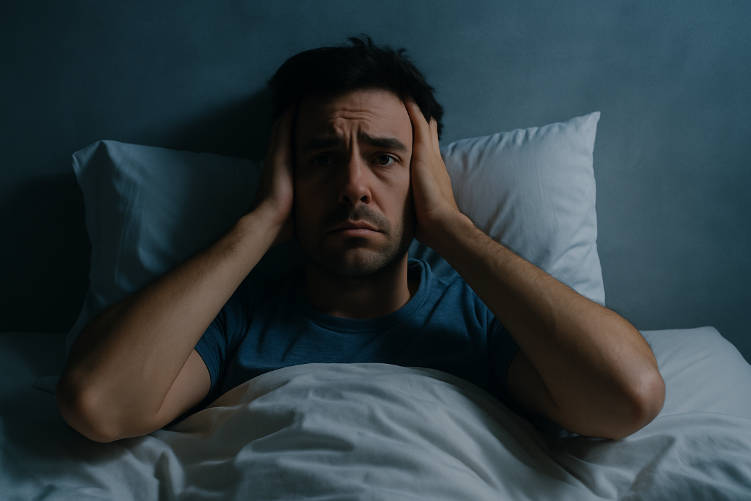 Gece uykusuzluk ve anksiyete yaşayan bir kişinin yatakta kaygılı halde oturması; uyku bozukluğu ve gece anksiyetesinin belirtilerini yansıtan görsel.