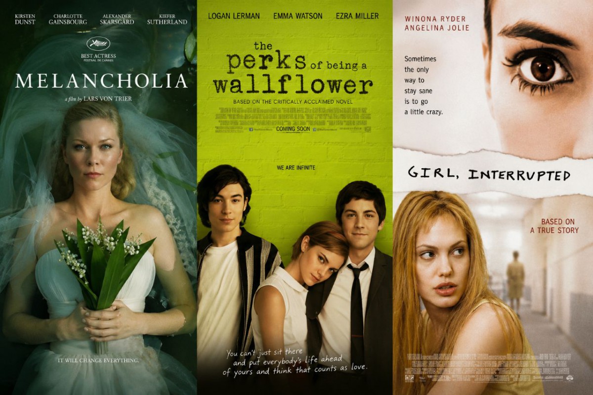 Depresyon, travma, kaygı ve ruhsal iyileşme temalarını işleyen Melancholia, The Perks of Being a Wallflower ve Girl, Interrupted film afişleri