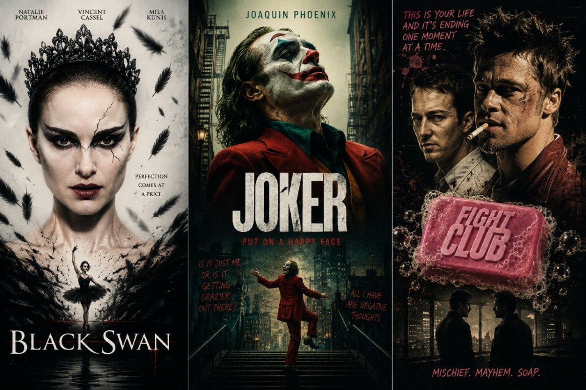 Travma, kaygı ve psikolojik gerilim temalı filmler kolajı: Black Swan, Joker ve Fight Club film afişleri