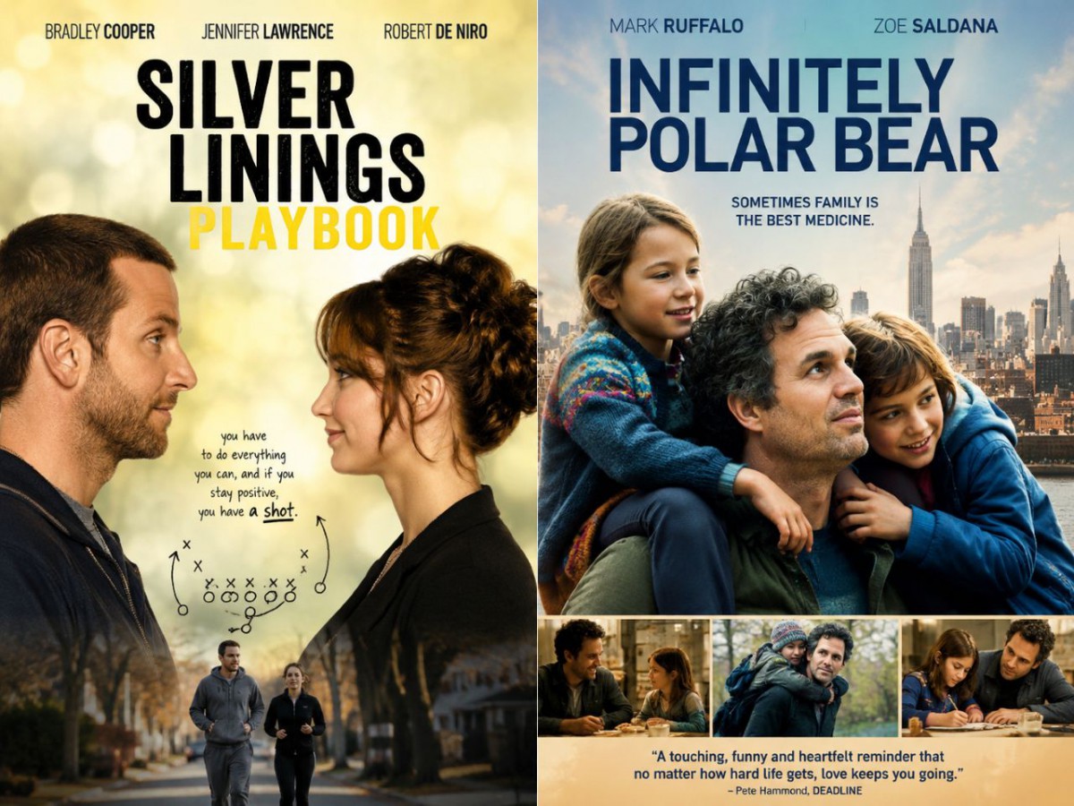 Bipolar bozukluk, ilişkiler, aile yaşamı ve ruh sağlığı temalarını işleyen Silver Linings Playbook ve Infinitely Polar Bear film afişleri