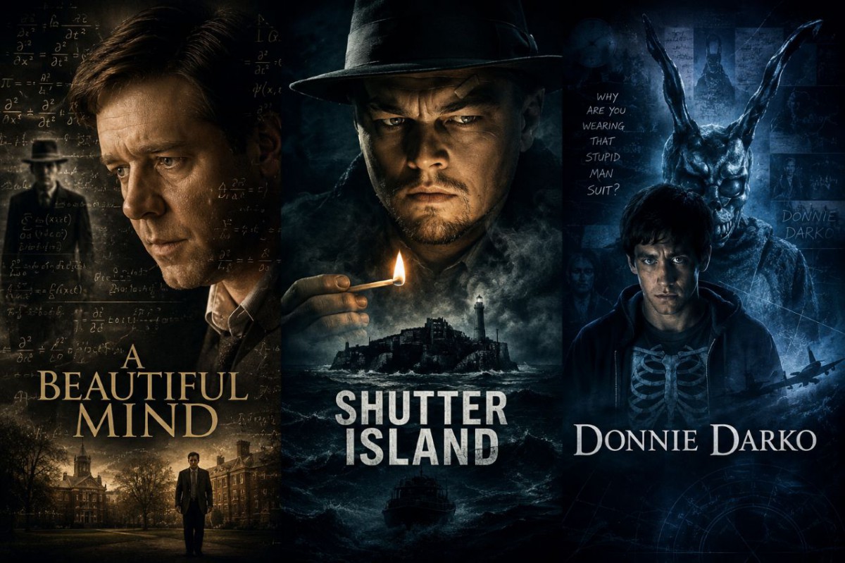 Şizofreniyi konu alan filmler kolajı: A Beautiful Mind, Shutter Island ve Donnie Darko afişleri