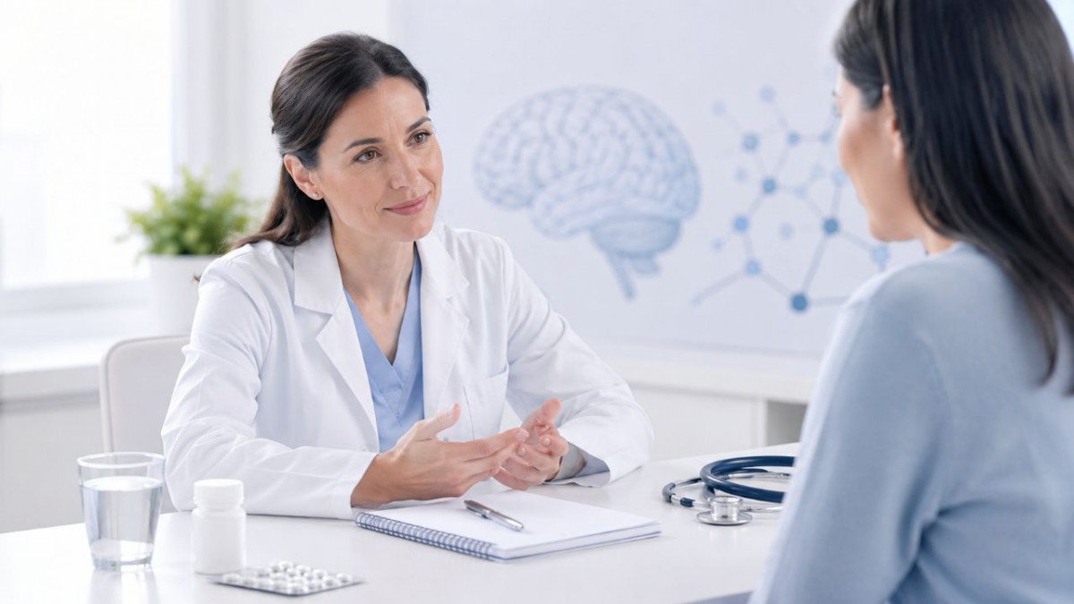 Sertralin nedir başlığı için doktorun hastaya ilaç kullanımı hakkında bilgi verdiği klinik görüşme görseli.
